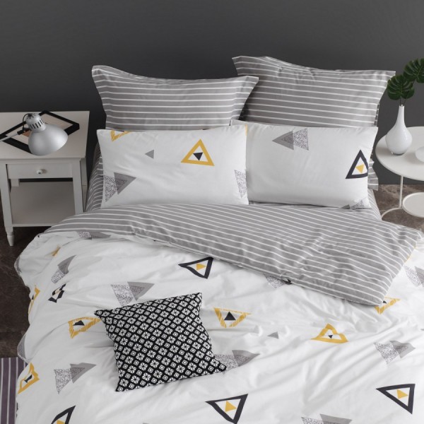 Lenjerie de pat dublu bumbac 100% ranforce cu design geometric în nuanțe de alb, gri și galben, set de 4 piese