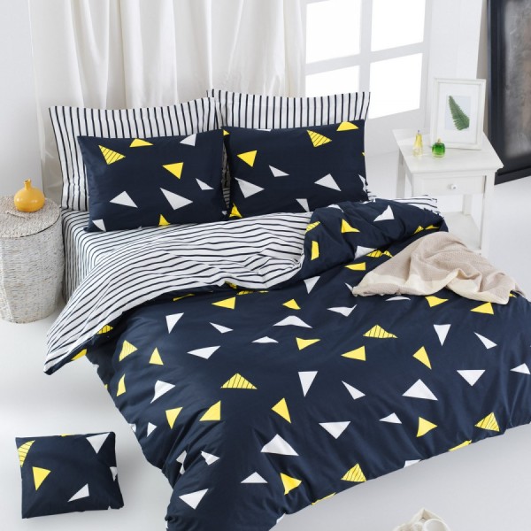 Lenjerie de pat dublu bumbac 100% ranforce cu design geometric în nuanțe de bleumarin, galben și alb, set de 4 piese