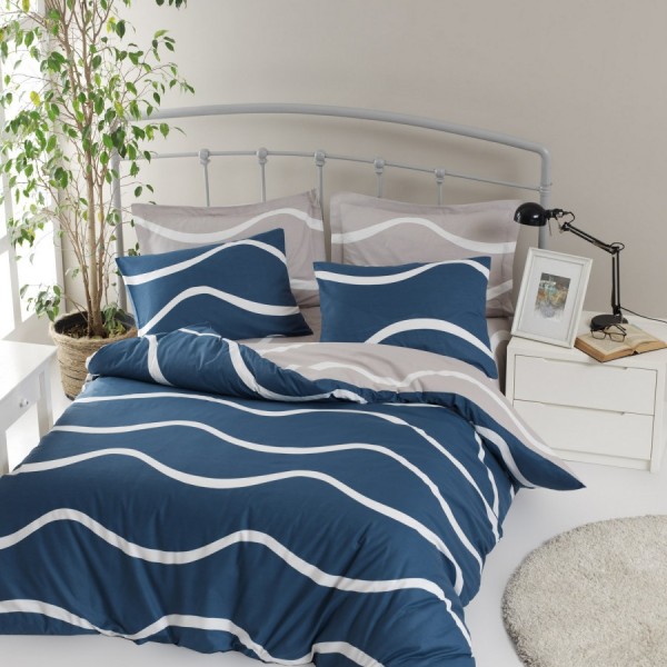 Lenjerie de pat dublu bumbac 100% ranforce cu design de linii curbe în nuanțe de albastru și alb, set de 4 piese