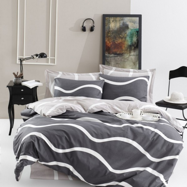 Lenjerie de pat dublu bumbac 100% ranforce cu design de linii curbe în nuanțe de gri și alb, set de 4 piese
