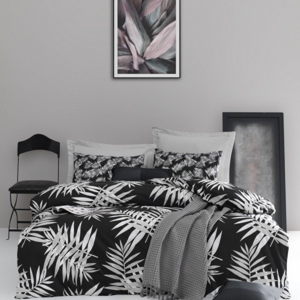 Lenjerie de pat dublu bumbac 100% ranforce cu design de frunze în nuanțe de negru și alb, set de 4 piese