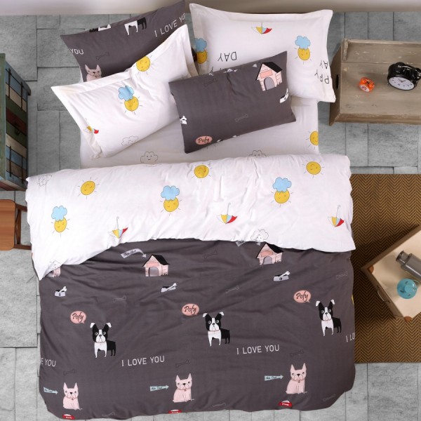 Lenjerie de pat dublu bumbac 100% ranforce cu design de căței și mesaje de dragoste, set de 4 piese