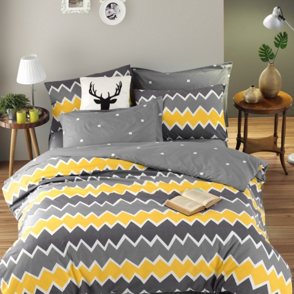 Lenjerie de pat dublu bumbac 100% ranforce cu design zigzag galben, gri și alb, set de 4 piese