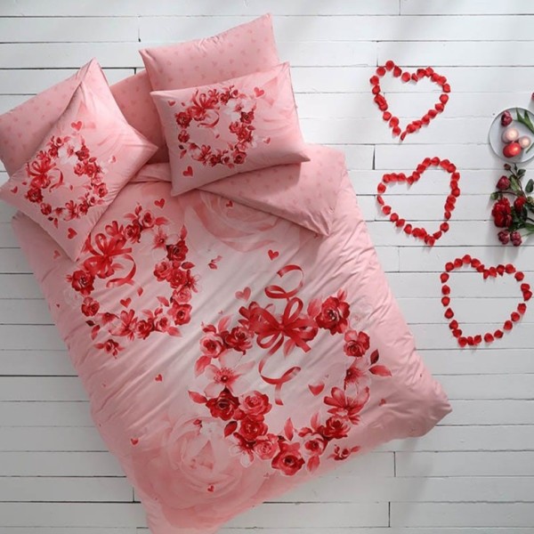 Lenjerie de pat dublu fosforescentă cu design romantic de trandafiri și inimioare roșii pe fundal roz, bumbac 100% ranforce