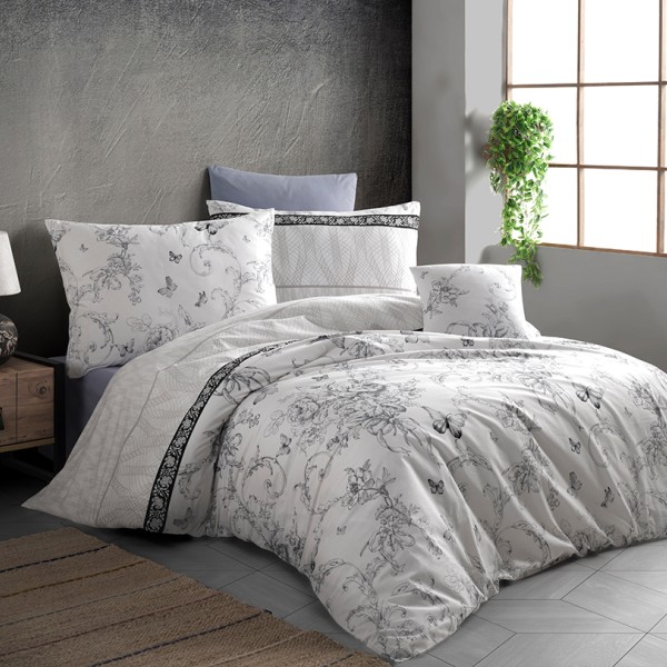 Set lenjerie de pat floral alb și gri, bumbac 100% Ranforce, cu imprimeu de fluturi