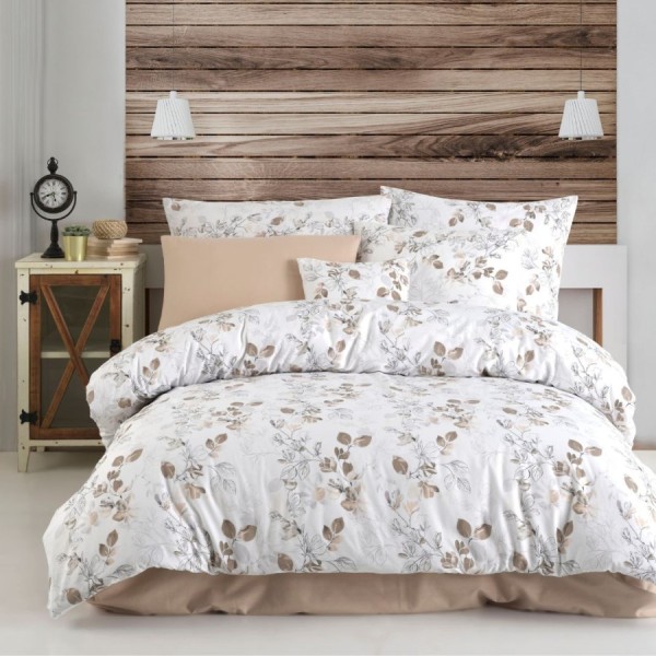 Lenjerie pat bumbac 100% ranforce Nazenin Home Almira cu flori bej 6 piese