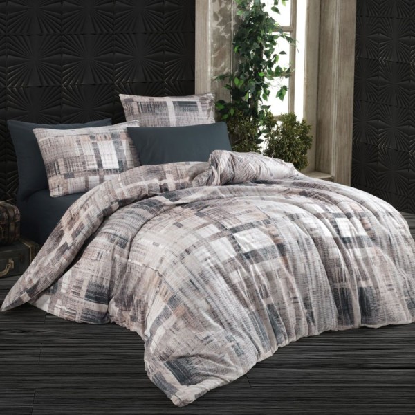 Lenjerie de pat dublu bumbac 100% ranforce model Alvaro cu design geometric în nuanțe de gri și bej