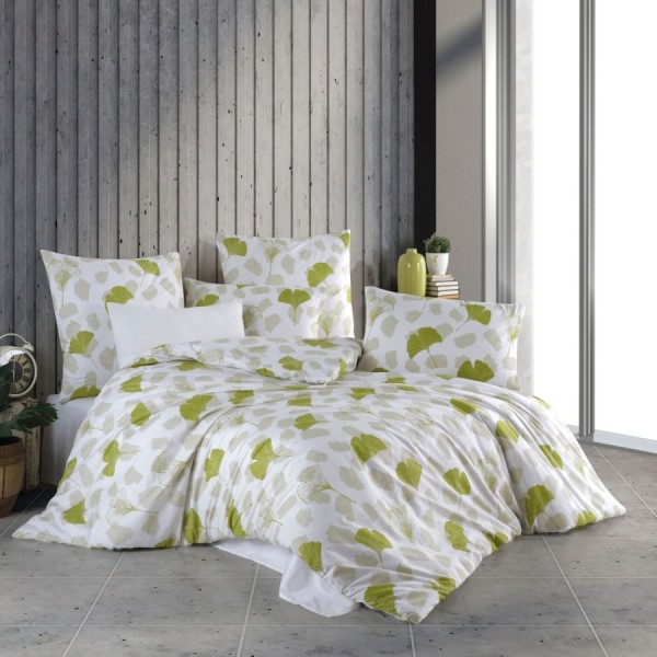 Lenjerie de pat dublu bumbac 100% ranforce model Amara cu design floral în nuanțe de verde și alb