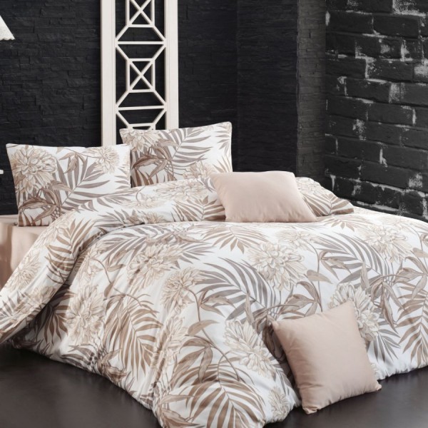 Lenjerie de pat dublu bumbac 100% ranforce model Amazing bej cu design floral în nuanțe de bej și alb