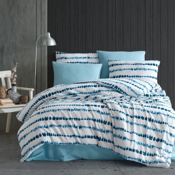 Lenjerie de pat dublu bumbac 100% ranforce model Batic cu design modern în nuanțe de albastru și alb