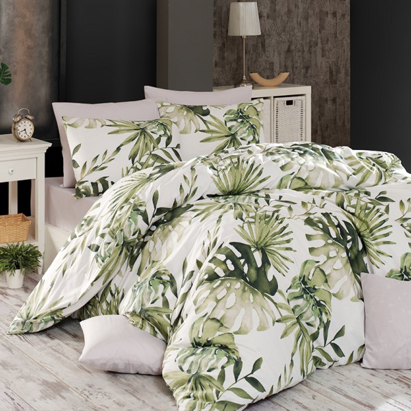 Set lenjerie de pat botanic verde și alb, bumbac 100% Ranforce, cu imprimeu de frunze botanice