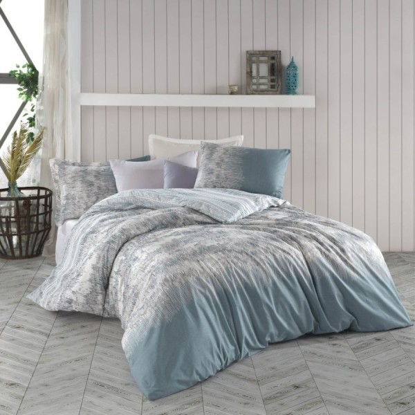 Lenjerie de pat dublu bumbac 100% ranforce model Dreamo cu design abstract în nuanțe de gri și albastru