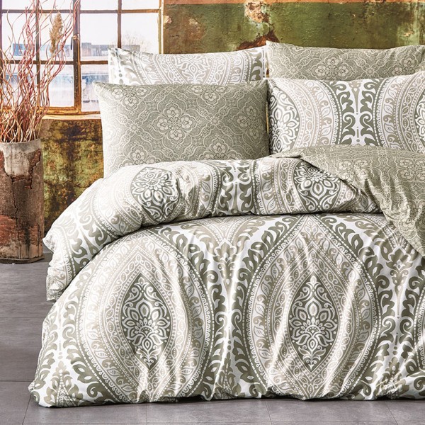 Lenjerie de pat dublu Nazenin Home, bumbac 100% ranforce, design floral bej-alb