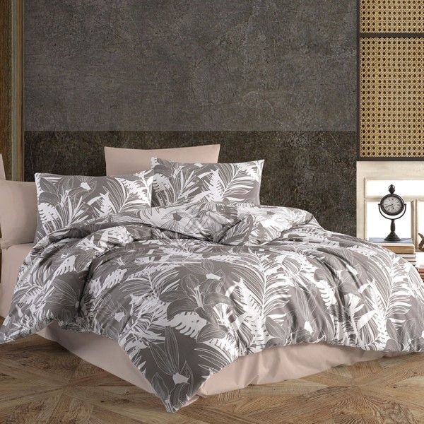 Lenjerie de pat model tropical cu frunze albe pe fundal gri, pat dublu, din bumbac 100% ranforce, Nazenin Home Gloris