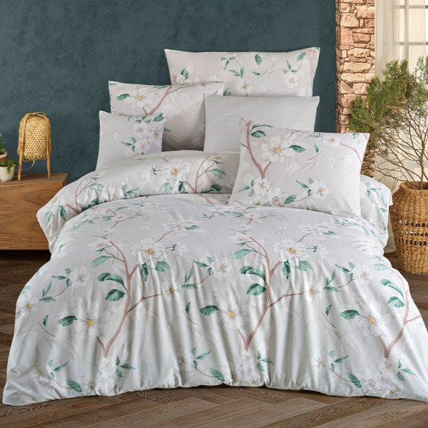Lenjerie de pat model floral cu flori albe și frunze verzi pe fundal alb, pat dublu, din bumbac 100% ranforce, Nazenin Home Laris