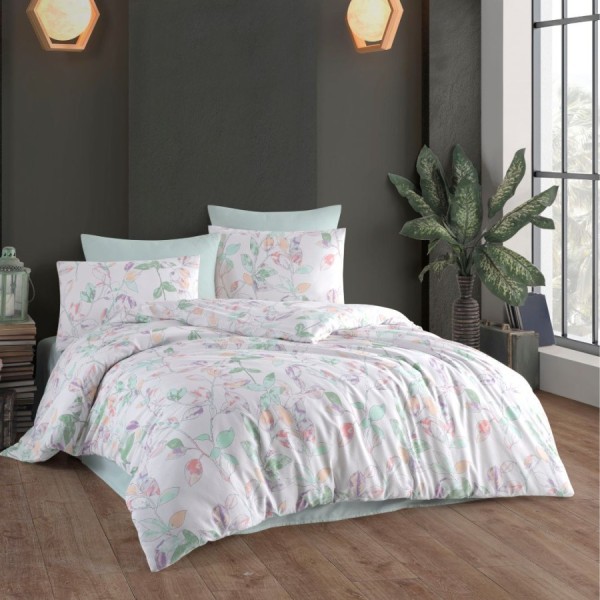 Lenjerie de pat dublu bumbac 100% ranforce model Milena cu design floral pastelat