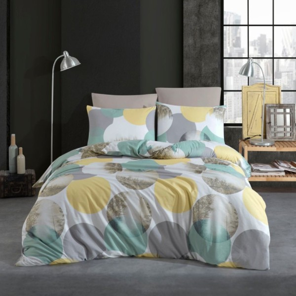 Lenjerie de pat dublu bumbac 100% ranforce model Miracle cu design geometric în nuanțe de galben, gri și verde