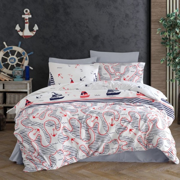 Lenjerie de pat Nazenin Home din bumbac ranforce cu design maritim în nuanțe de albastru și roșu pe fundal alb