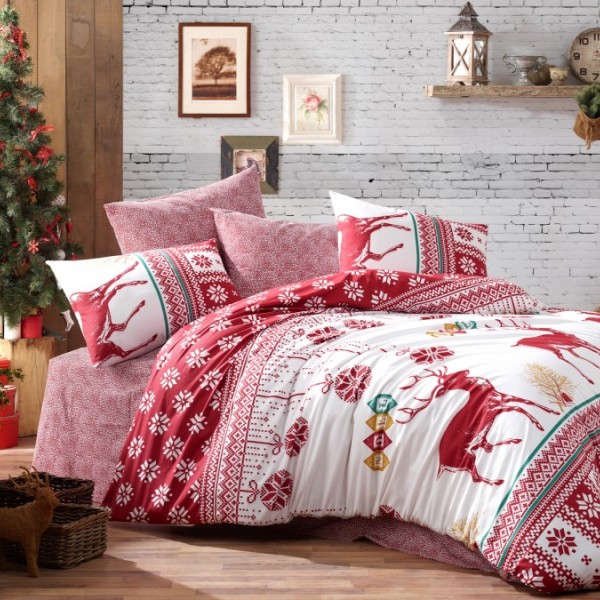 Lenjerie de pat dublu bumbac 100% Ranforce Noel cu design festiv de Crăciun în nuanțe de roșu și alb și motive tradiționale și reni