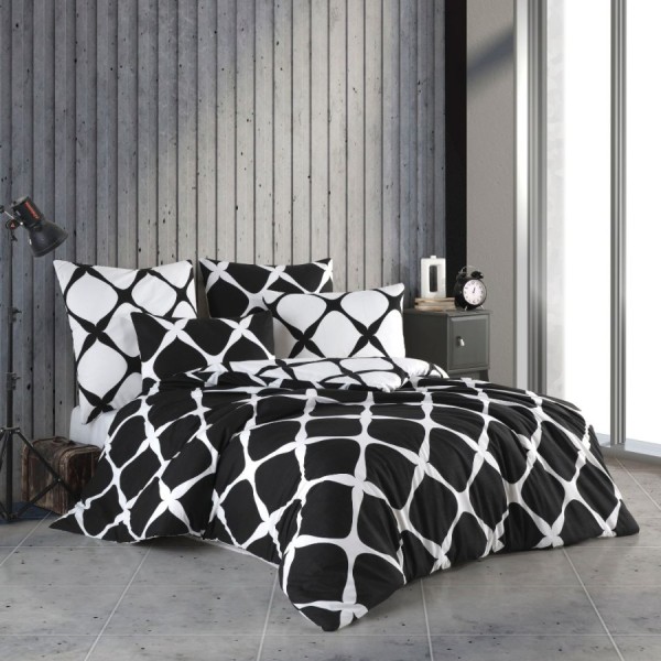 Lenjerie de pat dublu bumbac 100% ranforce model Noir cu design geometric în alb și negru