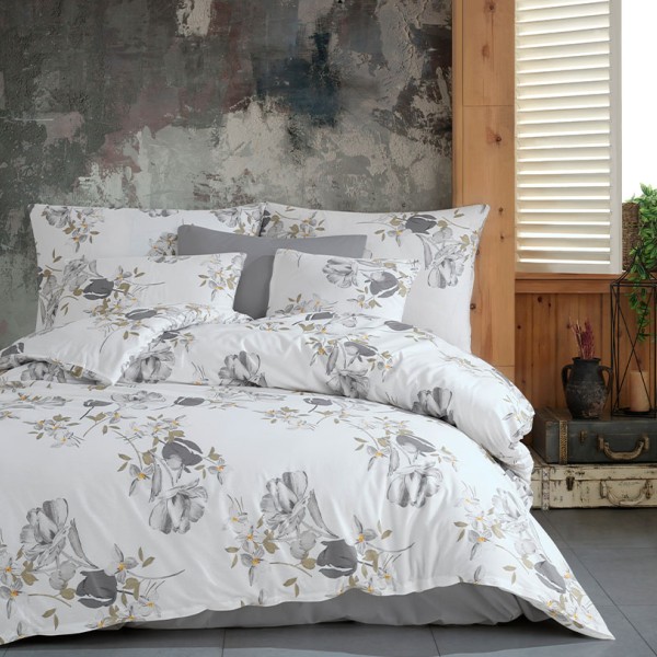 Lenjerie de pat model floral cu flori gri și galbene pe fundal alb, pat dublu, din bumbac 100% ranforce, Nazenin Home Parlin