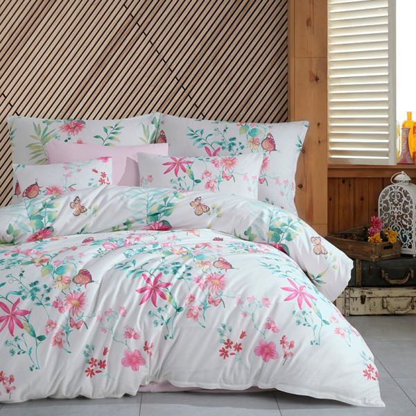 Set lenjerie de pat floral și fluturi roz, verde și alb, bumbac 100% Ranforce