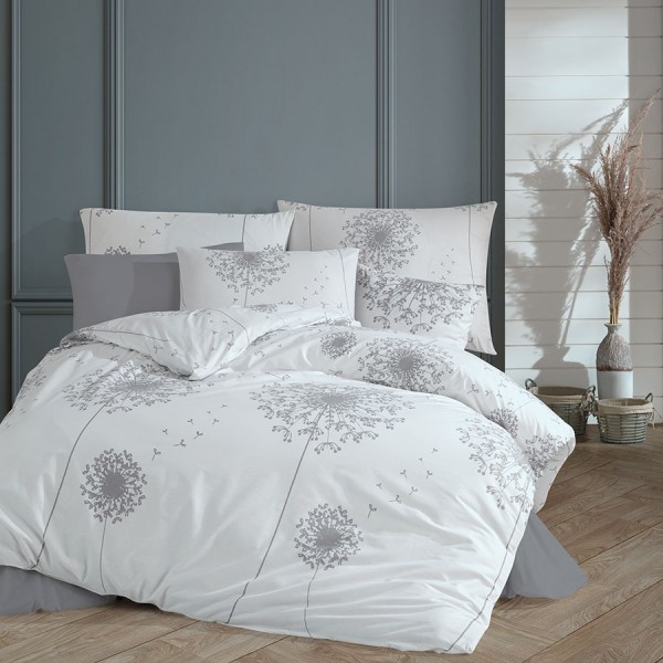 Lenjerie de pat model păpădii gri pe fundal alb, pat dublu, din bumbac 100% ranforce, Nazenin Home Willow