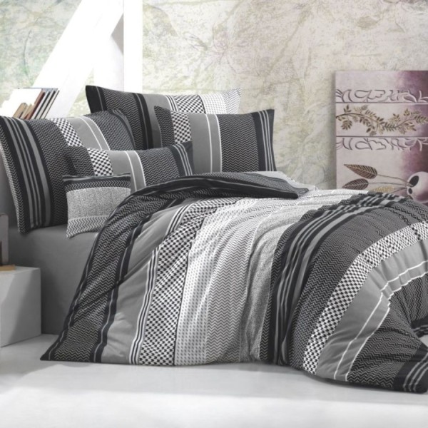 Lenjerie de pat dublu bumbac 100% ranforce model Zigo Gri cu design modern în nuanțe de gri și negru