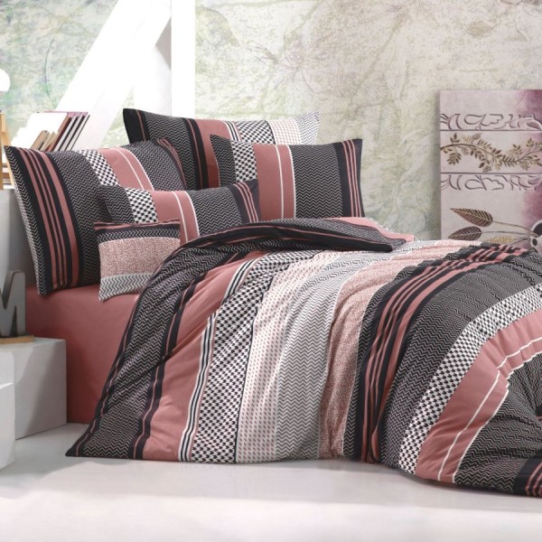 Lenjerie de pat dublu bumbac 100% ranforce model Zigo Rose cu design modern în nuanțe de roz și negru