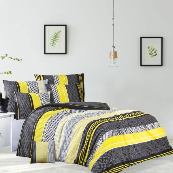 Lenjerie de pat dublu Zigo Sari cu design modern în dungi galben-negru.