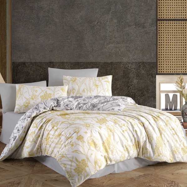 Set lenjerie de pat floral galben și alb, bumbac 100% Ranforce