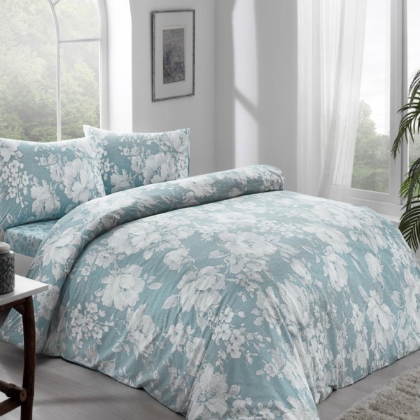 Lenjerie de pat dublu din bumbac 100% ranforce cu design floral elegant în nuanțe de albastru deschis și alb