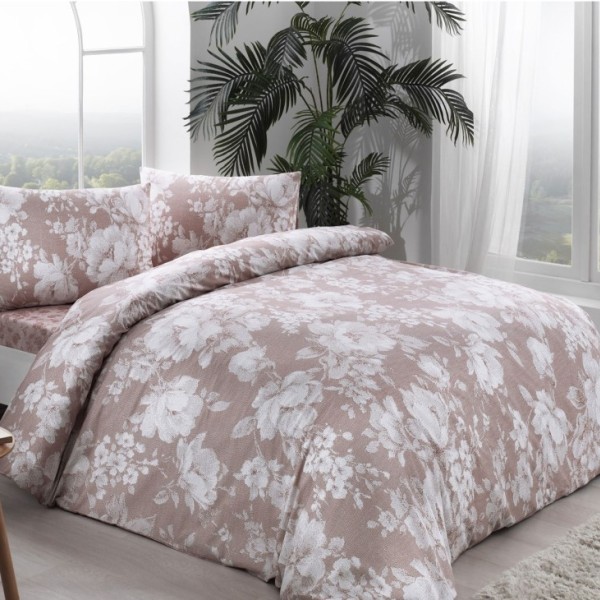 Lenjerie de pat dublu din bumbac 100% ranforce cu design floral cappuccino și alb