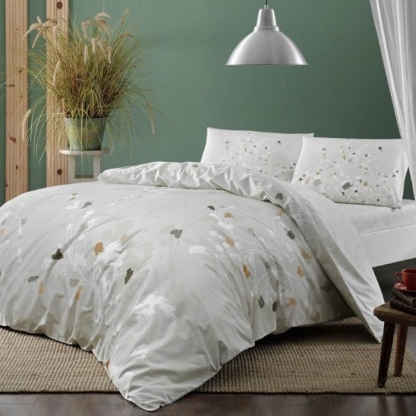 Lenjerie de pat dublu Tac din bumbac ranforce, design floral elegant în nuanțe de bej și alb