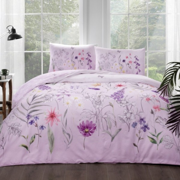 Lenjerie de pat TAC Ranforce Adriel Lila din bumbac 100%, design floral elegant pentru saltele de 160x200 cm
