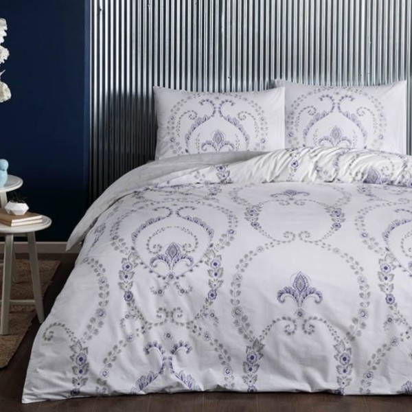 Lenjerie de pat dublu din bumbac 100% ranforce cu model floral mov pe fundal alb