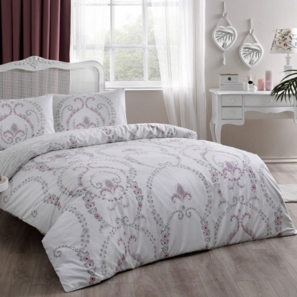 Lenjerie de pat dublu din bumbac 100% ranforce cu design floral roz pudră pe fundal alb