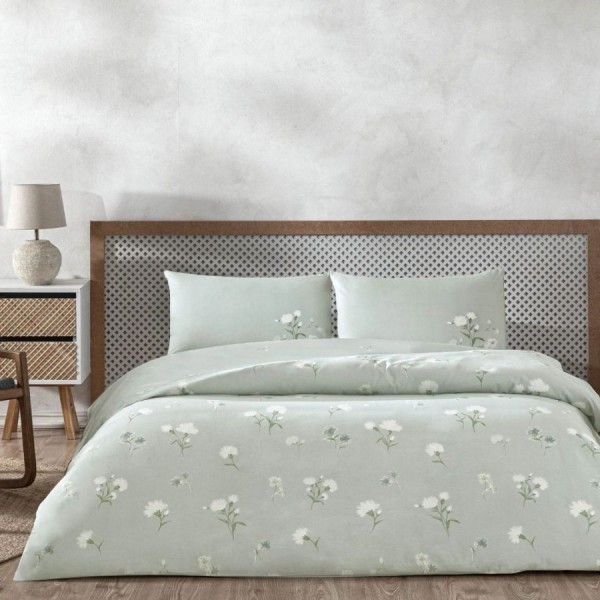 Lenjerie de pat TAC Aveste din bumbac 100% ranforce verde-salvie cu flori albe