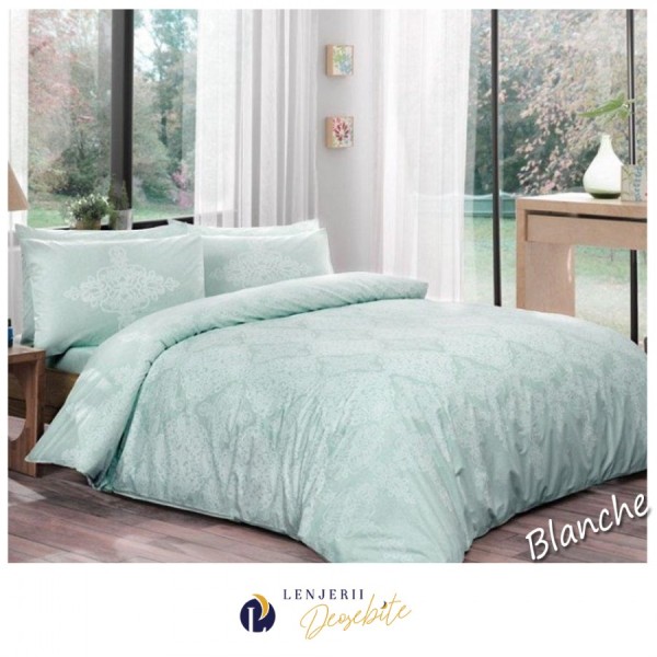 Lenjerie de pat dublu bumbac 100% ranforce mentă deschisă cu model de broderie și motive florale - Tac Blanche