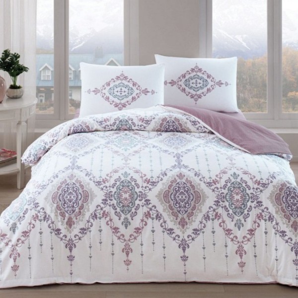Lenjerie de pat dublu cu design floral și geometric în nuanțe de mov și gri, bumbac 100% ranforce