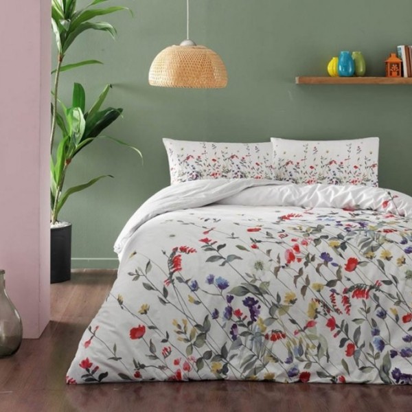 Lenjerie de pat dublu bumbac 100% ranforce cu model floral viu colorat în roșu, violet și galben pe fundal alb
