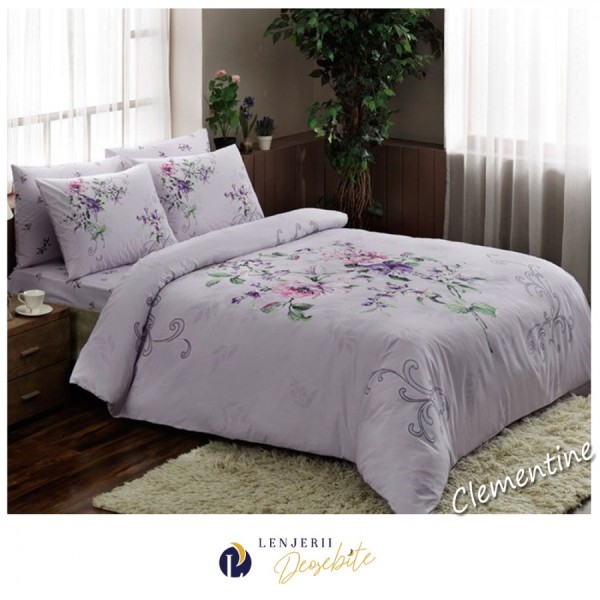 Lenjerie de pat dublu bumbac 100% Ranforce Tac Clementine Lila cu design floral delicat în nuanțe de lila