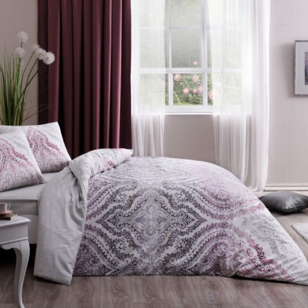 Lenjerie de pat dublu bumbac 100% ranforce cu design floral în nuanțe de lila, alb și gri, set de 4 piese