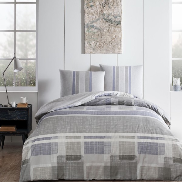 Lenjerie de pat din bumbac ranforce Tac, design modern cu forme geometrice în nuanțe de albastru, alb și gri, set 4 piese