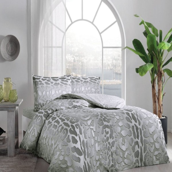 Lenjerie de pat dublu cu design elegant verde și alb cu motive abstracte, bumbac 100% ranforce