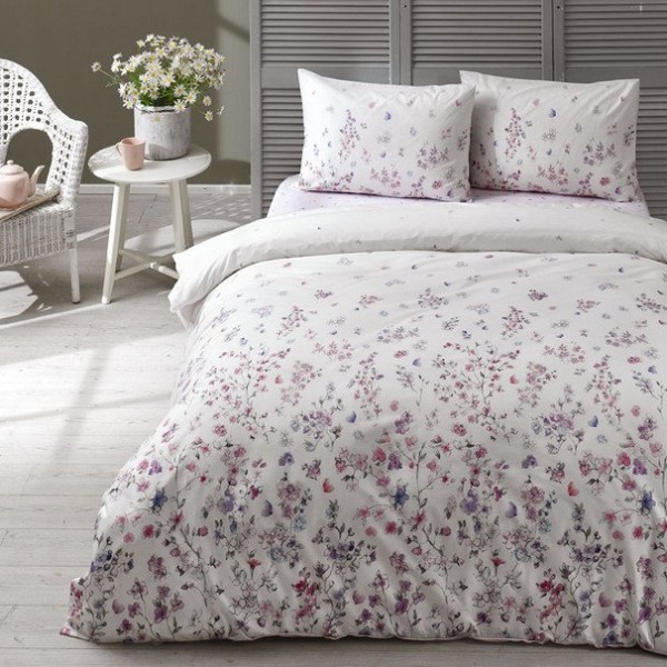 Lenjerie de pat dublu bumbac 100% ranforce Tac Elena, design floral delicat, alb, roz, mov și albastru