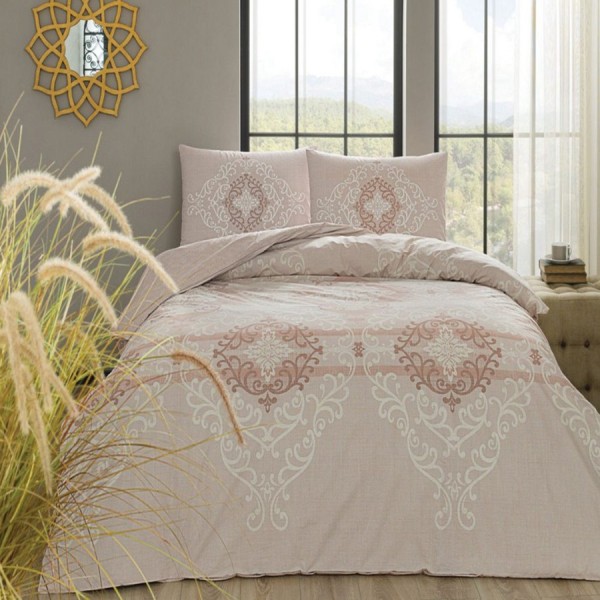 Lenjerie de pat dublu cu design elegant cappuccino și crem cu motive florale, bumbac 100% ranforce