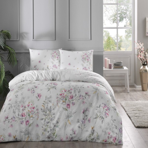 Lenjerie de pat din bumbac ranforce Tac, design floral delicat în nuanțe de roz, violet și verde pe fundal alb
