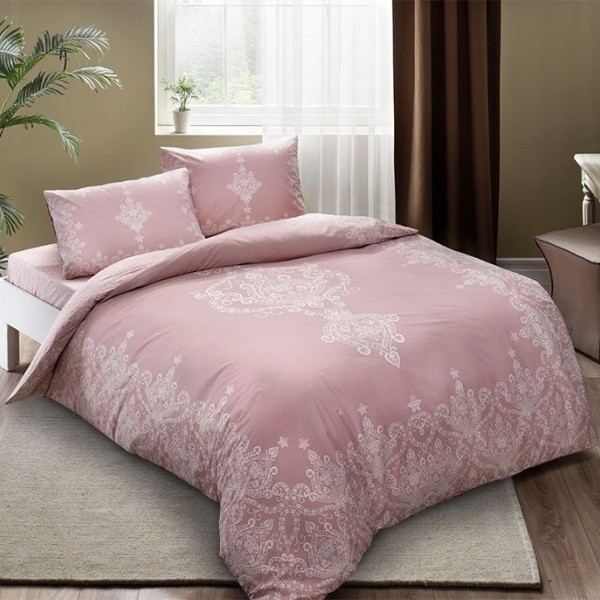 Lenjerie de pat dublu din bumbac 100% ranforce, model TAC Harper Roz, cu motive florale delicate în nuanțe de roz pal și alb.