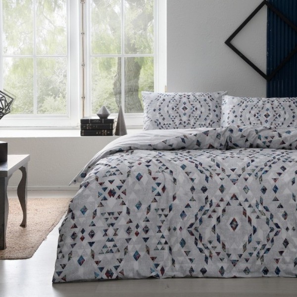 Lenjerie de pat dublu bumbac 100% ranforce cu design geometric în nuanțe de gri și albastru, set de 4 piese